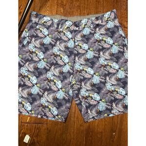 Vintage Mens Tropical Floral Palm Leaf Shorts Navy Blue Summer Beach Size 36